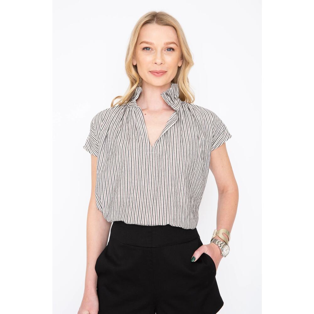 Never A Wallflower Vicki Ruffled V-Neck Metallic Striped Short Sleeve Top XS